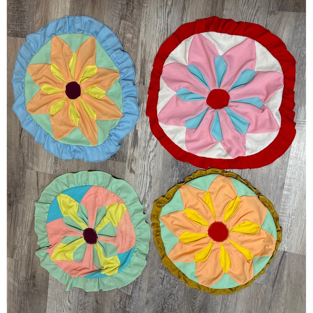 Vintage Handmade Floral Pillow Covers Unfinished Craft Fabric Flowers Set 4